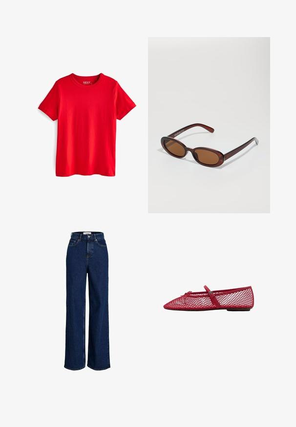 Tricou din bumbac roșu cu guler rotund și mâneci scurte. Are o textură netedă și nu prezintă modele sau accente vizibile.; Jeans din denim de culoare albastră închisă, cu talie înaltă, picioare largi, sistem de închidere cu un buton în față și design cu cinci buzunare.; Balerini roșii din plasă cu vârful ascuțit, prezentând o curea subțire și un detaliu cu cataramă. Partea superioară are un model deschis, în formă de fagure.; Ochelari de soare rotunzi, cu nuanțe de brown și cu un cadru lucios de burgund. Brațe subțiri cu detalii subtile de branding. Design cu lentile plate.