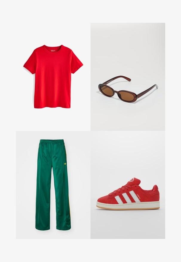 Červené bavlnené tričko s okrúhlym výstrihom a krátkymi rukávmi. Má hladkú štruktúru a žiadne viditeľné vzory ani akcenty.; Zelené saténové športové nohavice s voľným strihom, s žltými pruhmi a vyšitým logom na ľavej strane. Elastický pás.; Červené semišové tenisky s tromi bielymi pruhmi, gumovou podrážkou, zaoblenou špicou a polstrovaným jazykom, s nápisom "CAMPUS" na boku.; Okrúhle slnečné okuliare s hnedým nádychom a lesklým burgundským rámom. Úzke ramená s jemným brandovaním. Plochej šošovky dizajn.