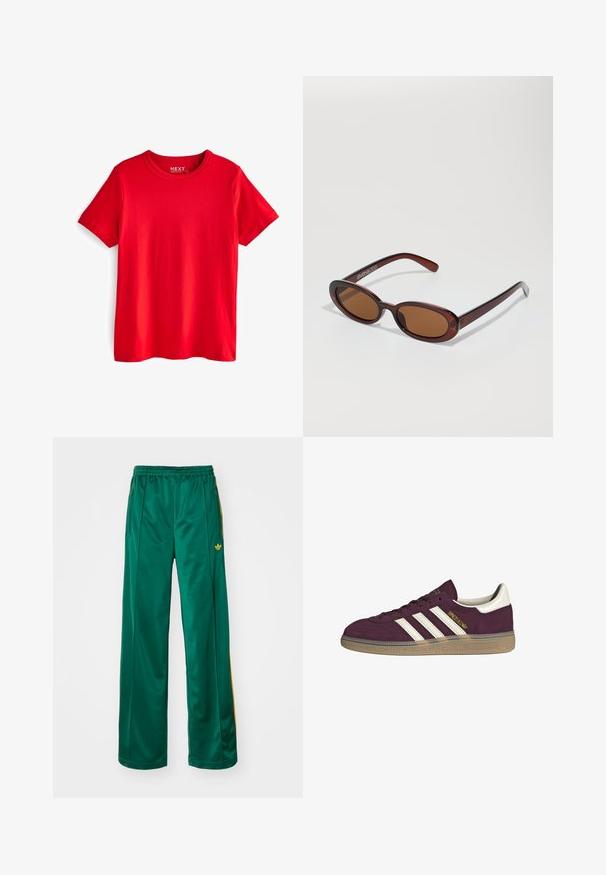 Czerwona bawełniana koszulka z okrągłym dekoltem i krótkimi rękawami. Charakteryzuje się gładką fakturą i brakiem widocznych wzorów lub akcentów.; Zielone satynowe spodnie sportowe o luźnym kroju, z żółtymi paskami i haftowanym logo po lewej stronie. Elastyczna talia.; Bordowe zamszowe trampki z białymi trzema paskami i beżowymi akcentami. Mają teksturowaną gumową podeszwę i złote oznaczenia po boku.; Okrągłe, brązowe okulary przeciwsłoneczne z błyszczącą bordową oprawą. Cienkie ramiona z subtelnym detalem marki. Płaski kształt soczewek.; Brązowa torebka skórzana pleciona o luźnym, trójkątnym kształcie. Posiada pleciony uchwyt i zamek błyskawiczny na górze.