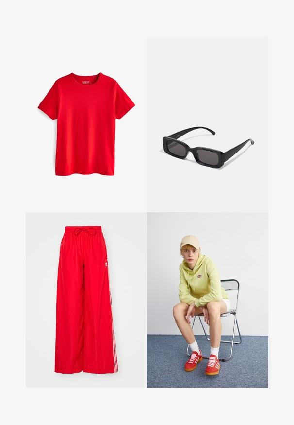 Piros pamut póló kerek nyakkivágással és rövid ujjal. Simább textúrával rendelkezik, és nincsenek látható minták vagy díszítések.; Vörös, bő szárú nadrág könnyű anyagból, fehér oldalsávokkal és rugalmas derékkal, amely húzózsinórral van ellátva.; Világoszöld kapucnis pulóver logóval, fehér rövidnadrág, piros sportcipő fehér csíkokkal, egy króm összecsukható széken ül egy semleges háttér előtt.; Fekete, téglalap alakú napszemüveg sötét lencsékkel, fényes felülettel, széles szárakkal és masszív keret designnal. Az egyik szárra gravírozott márkanevével.
