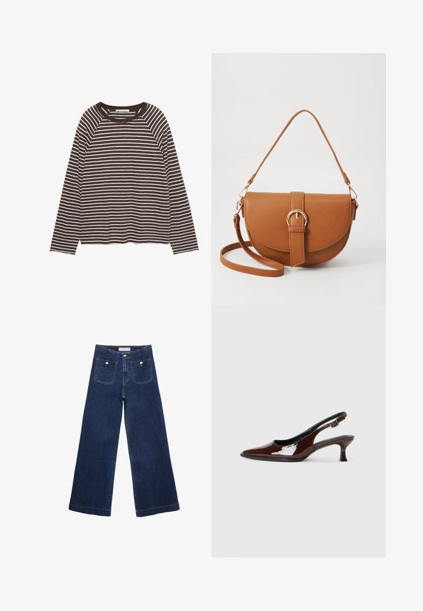 Pitkähihaisessa t-paidassa on ruskeita ja valkoisia raitoja, pyöreä kaula-aukko, rento istuvuus ja pehmeä kangas. Helma on suora.; Tummansiniset leveälahkeiset farkut, joissa on kaksi etutaskua koristeellisin nappikuvioin ja suora lahje.; Ruske patentin nahkalijatke sa špicastim nosom i umjerenom petom. Sadrže remen s kopčom za sigurno pristajanje. Glatka tekstura.; Ruskean nahkainen olkalaukku, jossa on kaareva muoto, kultaiset yksityiskohdat ja solkiyksityiskohta. Varustettu irrotettavalla olkahihnalla.