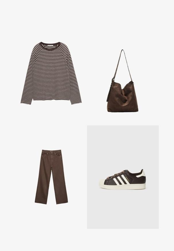 Langærmet t-shirt i brune og hvide striber, med rund halsudskæring, afslappet pasform og blød stofstruktur. Kantene er lige klippet.; Bredde ben brun denim jeans med høj talje, forlommer og klassisk knaplukning. Glat tekstur med diskret syninger.; Low-top Adidas Superstar-sneaker i mørkebrunt læder med cremefarvet skal-tå, hvide striber og teksten "Superstar" på siden.; Brun suede hobo taske med en buet top, en lang rem med prikkede detaljer og en blød tekstur. Har et slouchy design til afslappet brug.