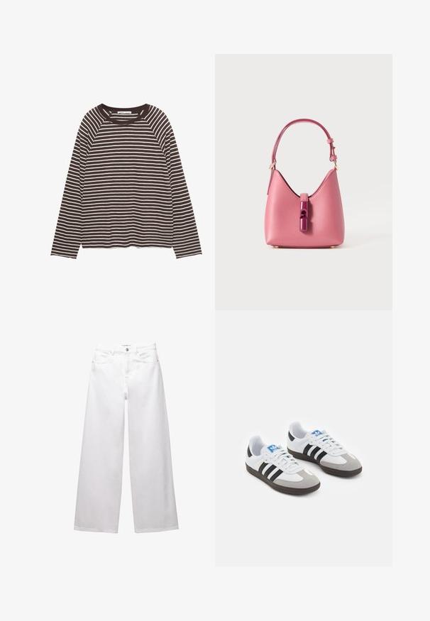 Pitkähihaisessa t-paidassa on ruskeita ja valkoisia raitoja, pyöreä kaula-aukko, rento istuvuus ja pehmeä kangas. Helma on suora.; Valkoiset leveät farkut, jotka on valmistettu denimestä. Varustettu nappikiinnityksellä, etu- ja takataskuilla sekä ommelluilla saumoilla. Sujuva pinta, jossa on minimaalinen yksityiskohtaisuus.; Urheilukengät, joissa on valkoinen nahkainen päällinen, harmaa mokkanokka ja kolme mustaa raitaa. Ominaisuuksina sininen logo kielekkeessä ja kuvioitu kumipohja.; Vaaleanpunainen nahkalaukku, jossa on rakenteellinen muoto, kiiltävä suljenta ja yksi säädettävä olkahihna. Rakeinen pinta ja kultainen metalliosat.