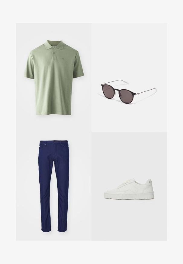 Šviesiai žalias polo marškinėliai, pagaminti iš medvilnės, su klasikiniu apykakle, trimis mygtukais ir trumpomis rankovėmis. Subtilus logotipas atspaustas ant krūtinės.; Tamsiai mėlynos lieknos formos džinsai, pagaminti iš džinsinio audinio, su mygtuko uždarymu, penkių kišenių dizainu ir subtilia tekstūra su lygiu paviršiumi.; Balti odiniai sportiniai bateliai su lygia apdaila, apvaliu pirštu, plokščiais raišteliais ir tekstūruotu padu. Pasižymi subtiliu logotipu ant kulno.; Juodos apvalios saulės akinių su tamsiais lęšiais ir plonomis metalinėmis šakomis. Įtraukti skaidrūs šventyklų galai ir sidabriniai akcentai vyrio srityje. Minimalistinis dizainas.