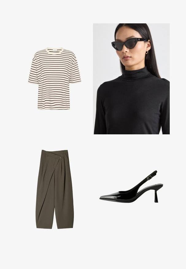 Pamučna majica kratkih rukava boje krem s tamnosmešnim horizontalnim prugama. Ima okrugli izrez i opušteni kroj. Materijal je od mješavine pamuka.; Široke hlače od tamno maslinaste tkanine, s naboranim prednjim dijelom, kopčanjem na gumb i sjajnom, teksturiranom površinom.; Crne lakovane kožne cipele s otvorenom petom, šiljastim vrhom, izrezanim stranama, podešavajućom naramenicom i tankim, elegantnim potplatom.; Crne mačkaste naočale s tamnim staklima, teksturiranim crnim okvirom i suptilnim šljokicama. Model nosi crni rolku.; Zlatni digitalni sat s pravokutnim brojčanikom, LCD zaslonom, nehrđajućim čeličnim remenom i gumbima sa strane. Ima oznaku otpornosti na vodu.
