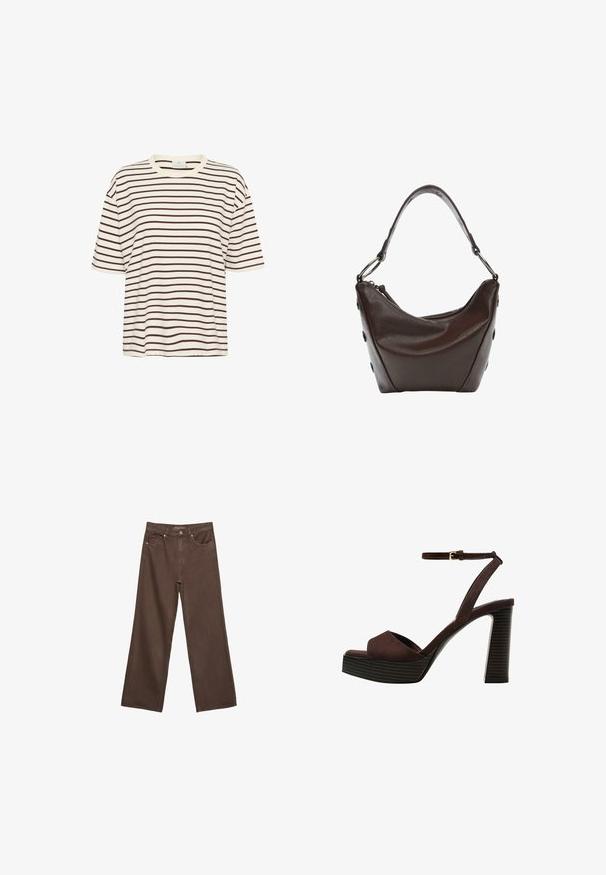 Striped short-sleeve t-shirt in cream with dark brown horizontal stripes. Features a round neckline and relaxed fit. Cotton blend material.; Wide-leg brown jeans made of denim, featuring a high waist, front pockets, and a classic button closure. Smooth texture with subtle stitching.; Brown suede high-heeled sandal with an open toe, adjustable ankle strap, and a striped platform sole.; Dark brown leather handbag with a curved shape, zip closure, and a short handle. Features metal hardware and decorative black buttons on the side.