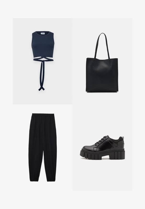Top cropped azul-marinho feito de tecido canelado, com alças largas e um detalhe de nó torcido na cintura.; Calças pretas, leves, com um cinto elástico e punhos franzidos. O tecido é suave e apresenta um design relaxado e afunilado.; Sapatos de plataforma em couro preto com um salto bloco robusto, bico redondo e design clássico de atacadores. Apresentam uma textura suave e detalhes mínimos.; Bolsa tote preta em couro com textura lisa, forma retangular e duas alças longas. Sem hardware ou enfeites visíveis.