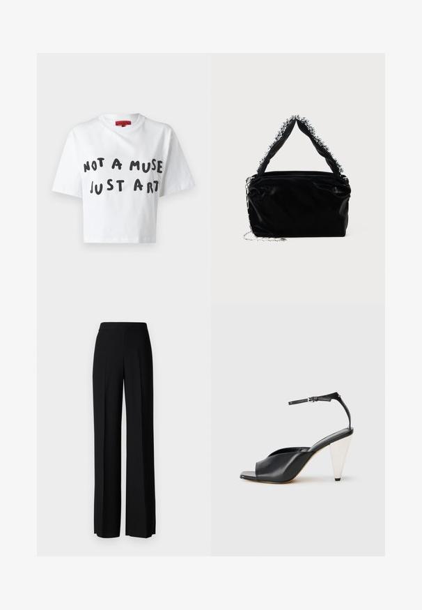 MAX&Co. BOXYCLAIM - T-shirts med print - weiss; Sorte vidde bukser med en glatt tekstur, med høy midje og sentrale folder. Ingen synlige mønstre eller maskinvaredetaljer.; Svart lær høyhælte sandaler med åpen tå, asymmetrisk design, ankelstropp og en metallisk kjegleformet hæl. Glatt tekstur hele veien.; Svart veske i faux lær med tekstur, med en perlet sølvdetalj langs det øverste håndtaket og en kjede-rem.