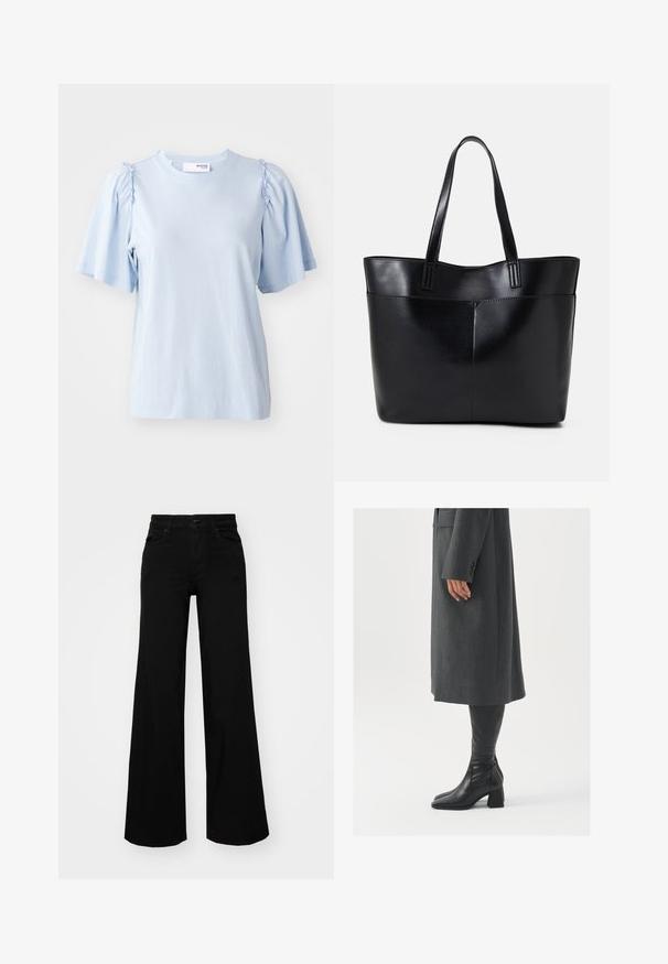 Gaiši zils īsām piedurknēm T-krekls, izgatavots no mīksta auduma, ar savilktiem detaļām plecos un apaļu aizdari kaklā.; Melni plaša kāju bikses, izgatavotas no džinsa, ar strukturētu jostu, jostu cilpiņām un priekšējām kabatām. Gluda tekstūra ar klasisku dizainu.; Pelēks, pielāgots mētelis ar taisnu griezumu; kombinēts ar melniem ādas zābakiem līdz ceļiem, kuriem ir kvadrāta formas purngals un masīla dūre.; Melnas ādas iepirkumu soma ar divām garām rokturām, gludu tekstūru un strukturētu formu. Iekļauj priekšējo kabatu papildu uzglabāšanai.