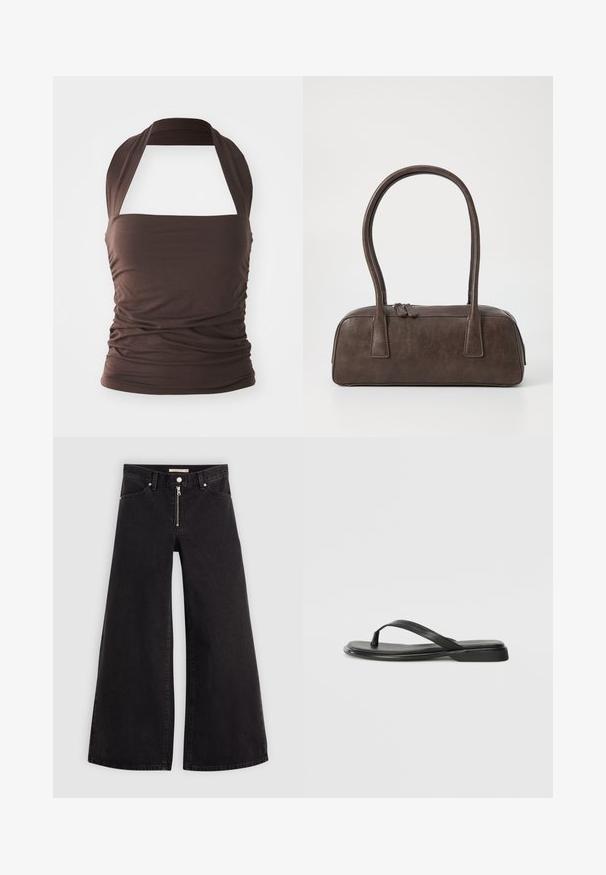 Top halter marrón hecho de una tela suave y elástica. Presenta un cuerpo ajustado y una textura fruncida, con un diseño de tirantes anchos para el cuello.; Jeans de pierna ancha en denim negro con cierre frontal, diseño de cinco bolsillos y detalles de costura sutiles. Textura suave y estilo casual.; Chancla negra de piel suave, con un diseño de tira delgada y una suela plana de perfil mínimo. Sin patrones ni acentos notables.; Bolso de mano de cuero marrón con dos asas robustas, forma rectangular, textura suave y cierre de cremallera. Diseño minimalista sin patrones visibles.
