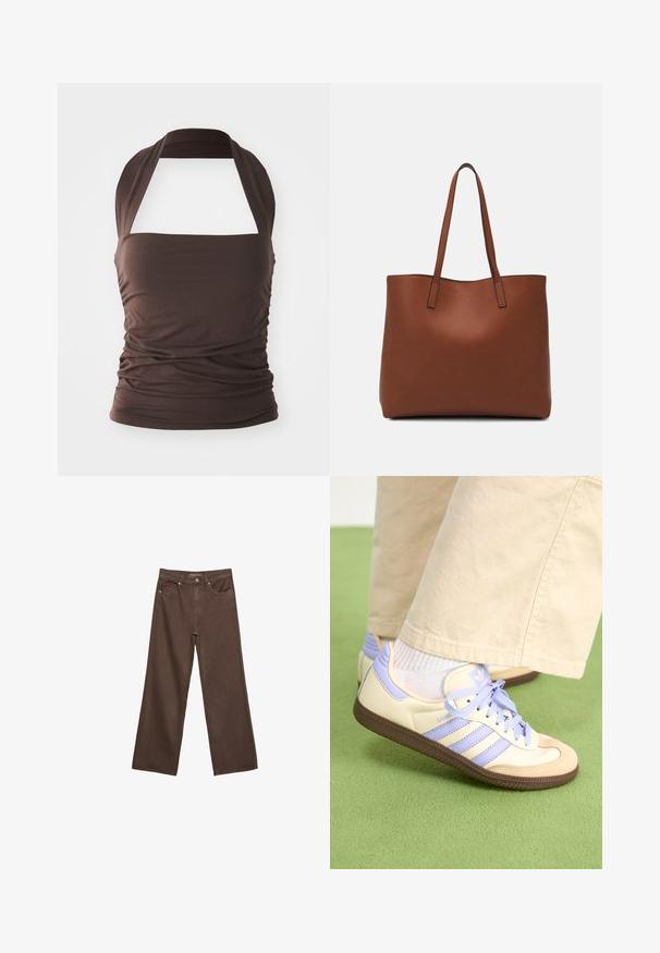 Hnedý halterský top vyrobený z mäkkej, elastickej látky. Obsahuje priliehajúci korzet a zberanú štruktúru, s širokým dizajnom ramienka na krk.; Džínsy s širokými nohavicami v hnedej farbe, vyrobené z denimu, so zvýšeným pásom, prednými vreckami a klasickým zapínaním na gombík. Hladká textúra s jemným prešívaním.; Krémovo-fialové tenisky so tromi pruhmi a štruktúrovanou hnedou podrážkou, s šnúrkami a polstrovaným opätkom. Mäkký textilný zvršok.; Hnedá kožená taška na rameno s hladkou textúrou, otvoreným vrchom a dvoma ramenými popruhmi. Má minimálne šitia a žiadne viditeľné kovania.