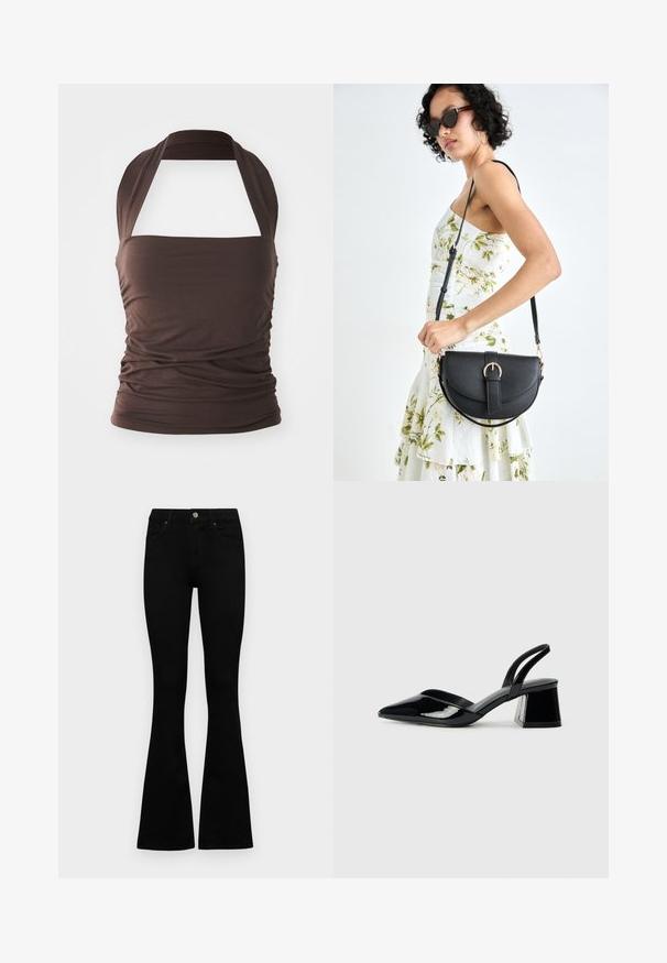 Brown halter top made of soft, stretchy fabric. Features a fitted bodice and gathered texture, with a wide strap design for the neck.; Black high-waist jeans with a button and zip closure, front pockets, and flared legs laid flat on a white background.; Black patent leather slingback heels with a pointed toe and a geometric block heel. Features a sleek, minimal design and smooth texture.; Black leather handbag with a curved shape, detachable strap, and gold hardware. The bag features a flap with a buckle detail.; Gold ring with textured, wavy design featuring three prominent peaks. Smooth, shiny surface with an open band for adjustable fit.