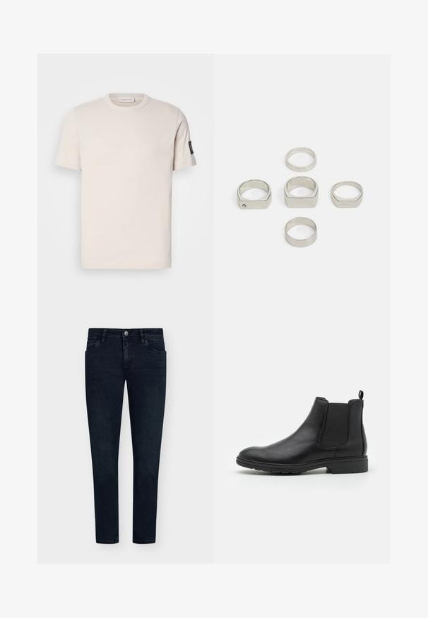 T-shirt in cotone beige chiaro con scollo rotondo, maniche corte e un piccolo patch logo nero sulla manica sinistra. Texture liscia.; Jeans in denim blu scuro con vestibilità slim, design a cinque tasche, chiusura con bottone e sbiadimento minimo. Parte frontale liscia e aperture delle gambe strette.; Stivale Chelsea in pelle nera con pannelli laterali elasticizzati e un ciondolo sul tallone, caratterizzato da una punta arrotondata e una suola in gomma testurizzata.; Set di sei anelli metallici argento in varie forme, tra cui rotondi e quadrati, caratterizzati da superfici lisce e un design minimalista.