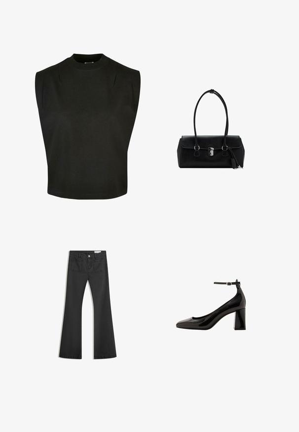 Black sleeveless top made of cotton with a high neckline, featuring structured shoulders and a loose fit, clean hem, and no visible patterns.; Black flared jeans made of denim with a smooth texture, featuring two back pockets and a button closure at the waist.; Black patent leather ankle strap pump with a glossy finish, pointed toe, and a thick block heel. Smooth texture, minimal detailing.; Black leather handbag with a smooth texture, structured design, dual handles, and a silver clasp detail at the center.