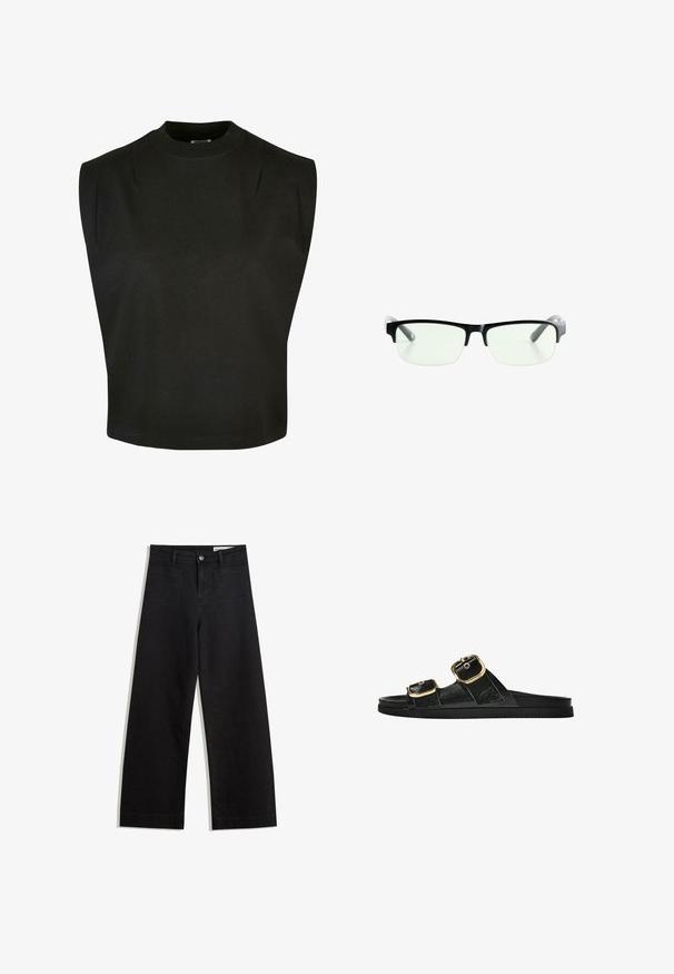 Crni bezrukavni top od pamuka s visokim izrezom, s izraženim ramenima i slobodnim krojem, održivim rubom i bez vidljivih uzoraka.; Crne široke traperice s visokim strukom, s prednjim i stražnjim džepovima, šivenim šavovima i kopčanjem na gumb. Glatka tekstura.; Crne sandale na klizanje s dva zlatna akcenta u obliku kopči, glatkog teksturiranog materijala, ravnim potplatom i minimalističkim dizajnom.; Crna pravokutna naočala s prozirnim lećama, sa sofisticiranim crnim okvirom i sivim prozirnim drškama. Minimalistički dizajn, bez vidljivog brendiranja.