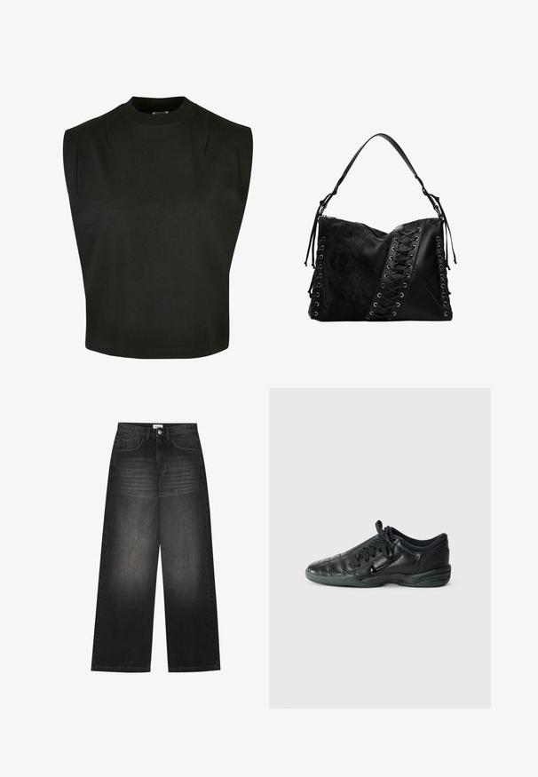 Schwarz ärmelloses Top aus Baumwolle mit hohem Ausschnitt, strukturierten Schultern und lockerer Passform, sauberem Saum und ohne sichtbare Muster.; YOURTURN UNISEX - Baggy Jeans - black denim; Schwarzer, lederner Sportschuh mit einem gesteppten Design, abgerundeter Spitze, Schnürung vorne und Gummisohle. Mit dezentem Branding an der Seite.; Desigual Umhängetasche - black