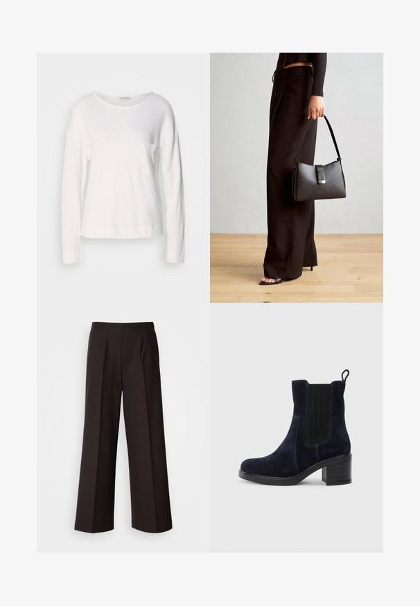 Dugi rukav bijela majica od lagane, teksturirane tkanine s okruglim izrezom i malim džepom na prsima. Rub sjedne na razini bokova.; Crne široke hlače s ravnim prednjim dijelom, plisëima i glatkom teksturom tkanine. Imaju visok struk i kroj prilagođen tijelu za strukturirani izgled.; Tamno plavi antilop čizmi do gležnja s elastičnom bočnom panelom, zaobljenim vrhom i blok petom. Teksturni materijal i glatka đon dodaju kontrast.; Crna torba s oblikom koji sadrži strukturu, glađu teksturu i metalnu kopču. Uparena s širokim crnim hlačama i sandalama na otvorenom s drvenog poda.