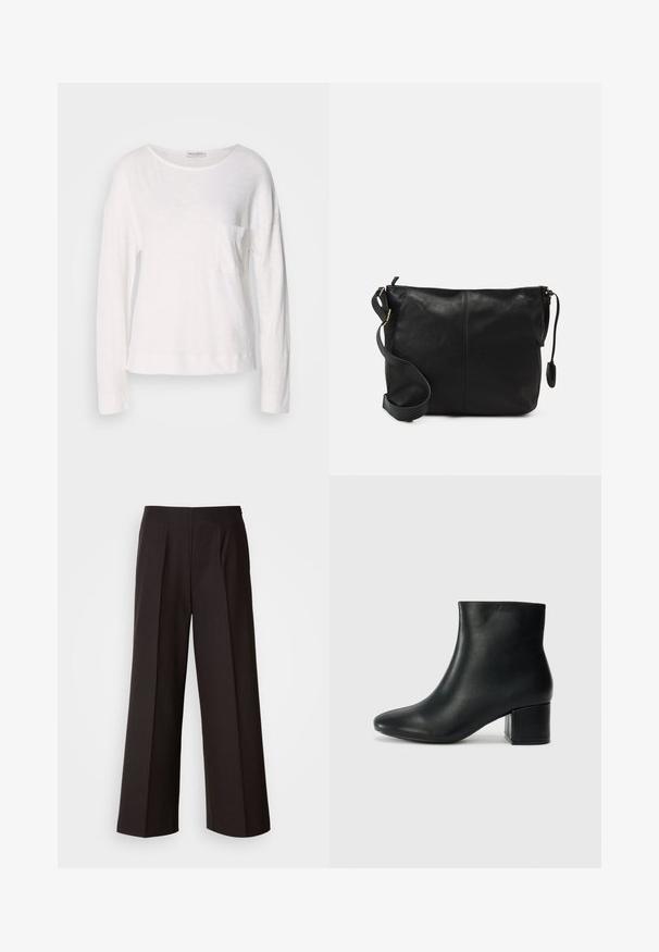 Garinā piedurkne balta blūze, izgatavota no viegla, teksturēta auduma ar apaļu kakla izgriezumu un mazu krūšu kabatiņu. Apmale atrodas gurnu līmenī.; Melni platleņķa bikses ar gludu priekšpusi, krokām un gludu auduma struktūru. Piedāvā augstu jostasvietu un pielāgotu griezumu, kas nodrošina strukturētu piegriezumu.; Melna ādas potīšu zābaki ar smailu purngalu un masīlu papēdi. Gluda tekstūra ar minimāliem akcentiem un gludu, pieguļošu dizainu.; Melnas ādas plecu soma ar platu formu, ar zelta aksesuāriem un regulējamu siksnu. Gluda tekstūra ar minimāliem šuvju detaļām.