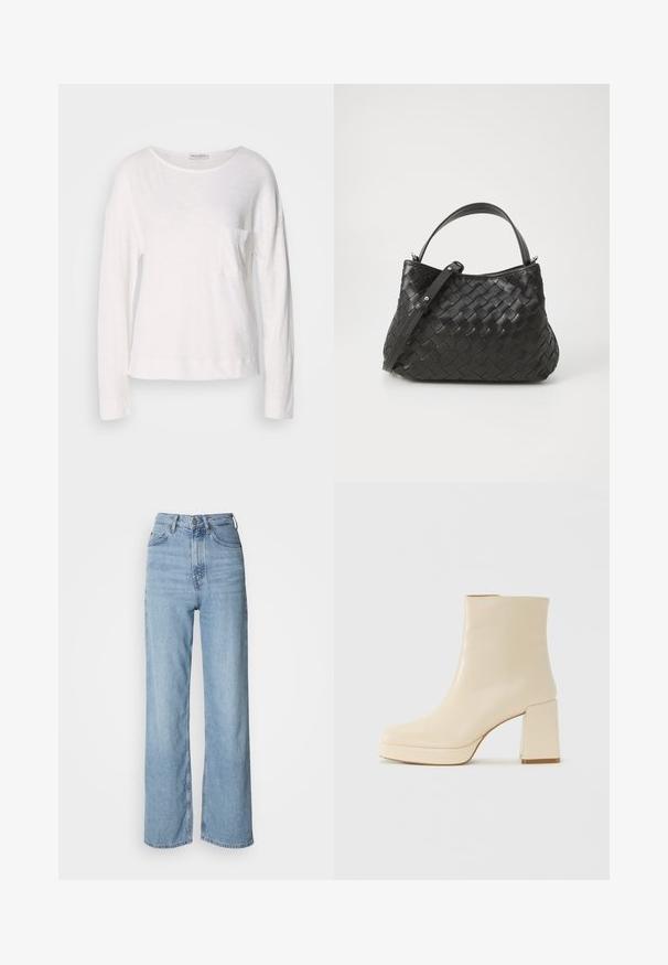 Bluză albă cu mâneci lungi, confecționată dintr-un material ușor și texturat, cu guler rotund și o mică buzunar pe piept. Levigatul se află la nivelul șoldului.; Jeans de culoare albastru deschis, cu talie înaltă și picior drept, realizate din denim, dotate cu închidere frontală cu buton și detalii ușor decolorate.; Cizmă de gleznă din piele bej, cu toc pătrat și talpă platformă, cu un finisaj neted și vârf ușor pătrat, orientată spre stânga pe fundal alb.; Geantă din piele împletită neagră, cu o formă rotunjită, având un mâner superior și o curea detașabilă. Textură netedă și detalii subtile de cusătură.