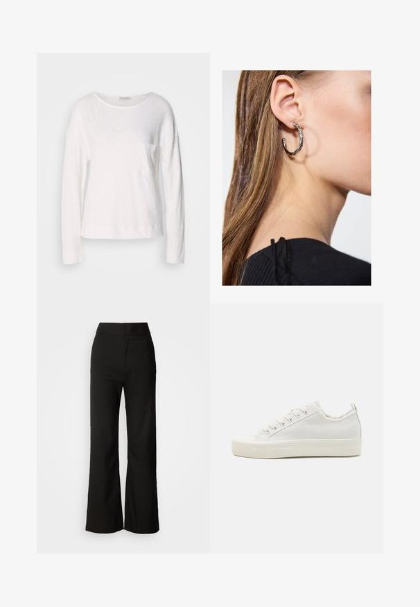 Blusa de manga longa branca feita de um tecido leve e texturizado, com um decote redondo e um pequeno bolso no peito. A barra fica ao nível do quadril.; Calças largas pretas com uma textura suave, cintura alta e um design clean. Sem bolsos visíveis ou adornos.; Sapatilhas de canvas brancas com um parte superior texturizada, biqueira arredondada, sola plana e fecho de atacadores. Apresentam um colar ligeiramente desfalcado e uma aba de puxar.; Brinco de argola prateada com acabamento polido, apresentando pequenos detalhes em dourado e uma forma redonda, usado na orelha.