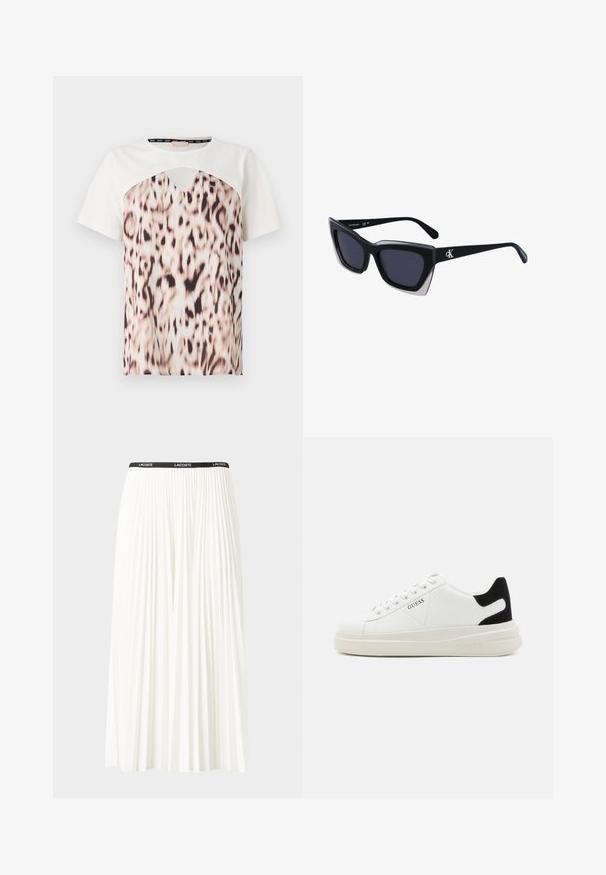Kortermet T-skjorte med hvit overdel og nedre del med leopardmønster i nyanser av beige og svart, med et utskåret utringning. ; Plissert hvit skjørt med en svart elastisk midje som har "LACOSTE"-logoen. Midjelengde design med myk tekstur.; Hvite lær sneakers med tykk hvit såle, svart semsket hælforsterkning og preget logo på siden. Snøresystem med seks hull.; Store svarte solbriller i overdimensjonert størrelse med geometrisk form, med mørke linser og en kontrasterende grå detalj på rammen. Logo på armen.