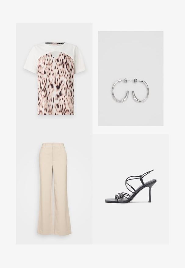 Rövid ujjú póló, fehér felső résszel és bézs és fekete árnyalatú leopárdmintás alsó résszel, kivágott nyakkivágással.; Beige, bő szárú nadrág sima textúrával, magas derékkal és két elülső zsebbel. Tiszta dizájn, elegáns szabású.; Fekete magas sarkú szandálok vékony pántokkal, csomózott mintával, sima négyzetes orral és karcsú stiletto sarkal rendelkeznek.; Ezüst karika fülbevalók sima, fényes felülettel. Lekerekített forma, könnyű kialakítással, tűs zárómechanizmussal.