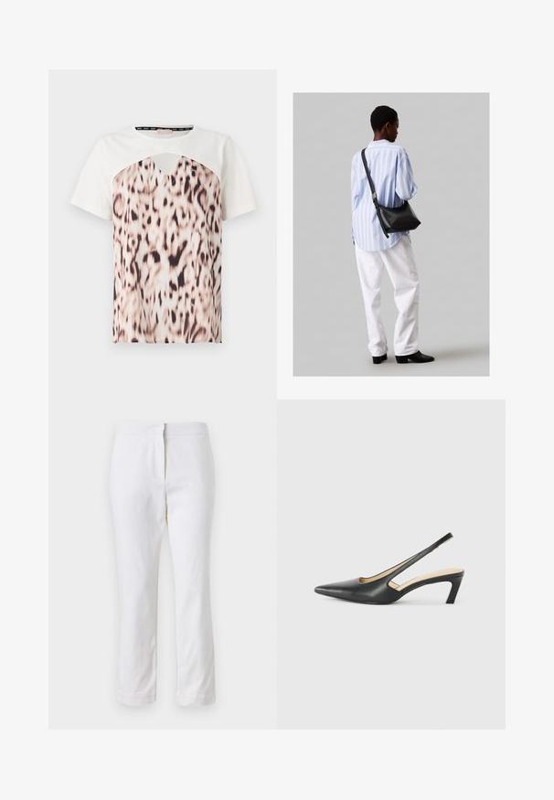 Lühikese varrukaga T-särk, millel on valge ülaosa ja leopardi mustriga alumine osa beeži ja musta varjundites, millel on lõigatud kaelusedetail.; Valged puuvillased püksid sirge lõikega, keskmise kõrgusega vöökoht ja ilma nähtavate detailide või mustriteta. Ühtlane sile tekstuur.; Must mustaga, terav varvas, madala kontsaga sildiga king, mis on valmistatud siledast nahast ja mille küljel on lõike disain hingavuse tagamiseks.; Must have mustras alasi nahkpatsi, pehme tekstuuriga, kolmnurkse kujuga ja reguleeritava rihmaga, koos helesinise triibulise särgi ja valgete pükstega.