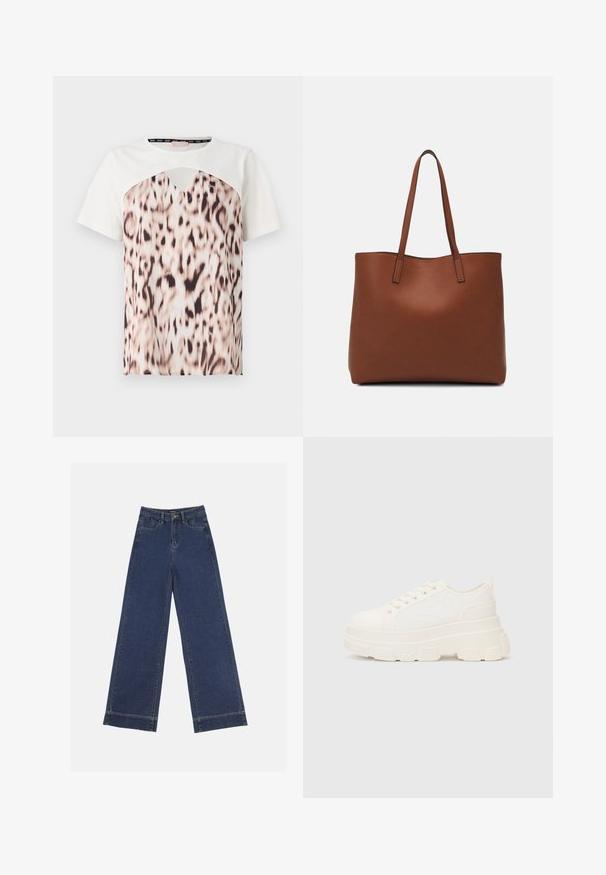 T-shirt à manches courtes avec une partie supérieure blanche et une section inférieure en imprimé léopard dans des nuances de beige et de noir, présentant un décolleté découpé.; Jeans à jambes larges en denim bleu foncé. Comprend cinq poches, des passants de ceinture et un ourlet brut en bas avec des détails de couture visibles.; Baskets blanches en toile avec une semelle épaisse, bout arrondi et cinq œillets pour les lacets. Onglet arrière pour un enfilage facile. Texture lisse, design minimaliste.; Sac fourre-tout en cuir marron avec une texture lisse, design à ouverture supérieure et deux poignées pour le porter à l'épaule. Présente des coutures minimales et aucun matériel visible.