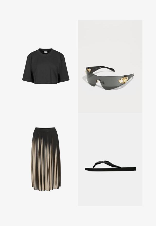 Lühendatud must t-särk, mis on valmistatud puuvillast, omab mugavat lõiget, lühikesi varrukaid ja soonitud ümmargust kaelust. Ilma nähtavate mustrite või aktsentideta.; Mustriga midi seelik mustas ja beežis, kõrge elastse vöökohtaga, millel on vertikaalsed triibud ja voolav disain, mis võimaldab liikumist.; Musta kummist suss, millel on tekstuuriga eraldi sõrmeosa ja lihtne lame tald, kuva külgvaates üheltoonilise heleda tausta ees.; Tumed hallid prillid, millel on sleek ja kaarjas disain. Küljel on kuldse tooni lõvilaadsete aksessuaaridega ja läikiv must raam.