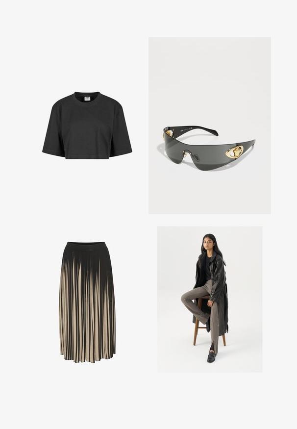 Lühendatud must t-särk, mis on valmistatud puuvillast, omab mugavat lõiget, lühikesi varrukaid ja soonitud ümmargust kaelust. Ilma nähtavate mustrite või aktsentideta.; Mustriga midi seelik mustas ja beežis, kõrge elastse vöökohtaga, millel on vertikaalsed triibud ja voolav disain, mis võimaldab liikumist.; Must musta trench-jakk mustriga nuppudega ja vöödetailiga, koos heledatest pruunidest sobivaist pükstest ja mustadest loafers'itest, istudes puidust toolil.; Tumed hallid prillid, millel on sleek ja kaarjas disain. Küljel on kuldse tooni lõvilaadsete aksessuaaridega ja läikiv must raam.