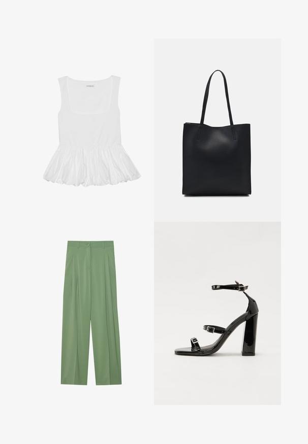 Top bianco senza maniche con scollatura quadrata, caratterizzato da un orlo a volant arricciato. Realizzato in tessuto morbido con una superficie liscia.; Pantaloni ampi verdi realizzati in tessuto morbido. Presentano pieghe sul davanti, una chiusura con un singolo bottone e passanti per cintura.; Sandali con tacco alto in vernice nera con due cinturini con fibbia, punta quadrata e tacco spesso a blocco, caratterizzati da una texture liscia e lucida.; Borsa tote in pelle nera con texture liscia, forma rettangolare e due manici lunghi. Nessun hardware o decorazione visibile.