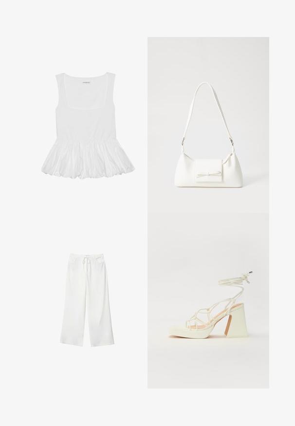 Weißes ärmelloses Oberteil mit quadratischem Ausschnitt, ausgestattet mit einem gerafften, schulterfreien Saum. Hergestellt aus weichem Stoff mit glatter Textur.; Weiße, weite Hosen aus weichem Stoff, mit einem Kordelzug in der Taille und zwei vorderen Taschen. Glatte Textur und keine sichtbaren Muster.; Weiße High-Heel-Sandale mit einem klobigen Absatz, die über ein Riemchendesign und ein Knöchelband verfügt. Glatte Textur mit einer Plattform vorne für zusätzliche Höhe.; Weiße synthetische Handtasche in dreieckiger Form, flache Vorderklappe und Schleifendetail, verstellbarer Trageriemen, glatte Textur und minimalistisches Design.