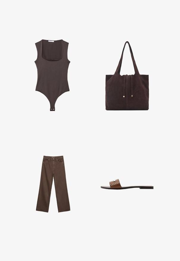 Brun ærmeløs bodysuit med firkantet hals, lavet af blødt stof. Har en snap-lukning i bunden og en tætsiddende silhuet.; Bredde ben brun denim jeans med høj talje, forlommer og klassisk knaplukning. Glat tekstur med diskret syninger.; Brun lædersandal med flad sål, der har en bred rem og hvide geometriske detaljer for et minimalistisk design.; Mango Shopping bags - dark brown