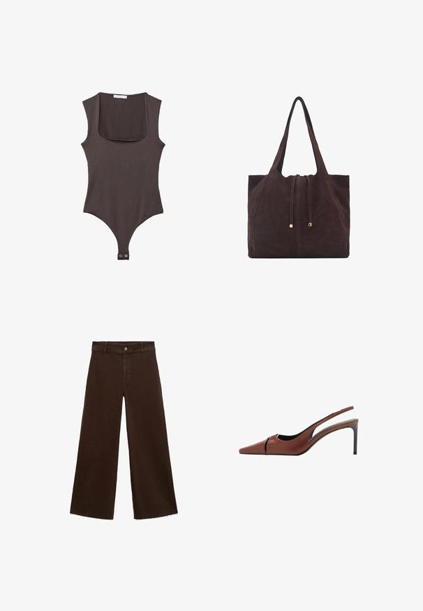 Hnědý bezrukávový body s čtvercovým výstřihem, vyrobený z měkkého materiálu. Obsahuje patentku na spodním okraji a má přiléhavý střih.; Hnědé kalhoty širokého střihu z bavlněné směsi, s třepicí na lemu, předním zapínáním na knoflík a klasickým designem pěti kapes. Minimalistické a univerzální.; Hnědá kožená slingback obuv na podpatku s špičatou špičkou, výřezem na nártu a elegantním stiletto podpatkem. Hladká textura.; Mango Velká kabelka - dark brown