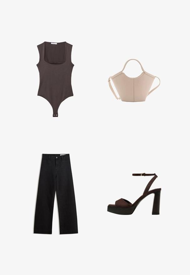 Body marrone senza maniche con scollatura quadrata, realizzato in tessuto morbido. Presenta una chiusura con snap nella parte inferiore e una silhouette aderente.; Pantaloni in denim neri a gamba larga con vita alta, dotati di tasche anteriori e posteriori, cuciture a punto, e chiusura con bottone. Texture liscia.; Sandal in camoscio marrone con tacco alto, punta aperta, cinturino alla caviglia regolabile e suola a piattaforma striata.; Borsa in pelle beige con una forma unica, caratterizzata da due manici corti e una lunga tracolla regolabile. Texture liscia con hardware minimale.