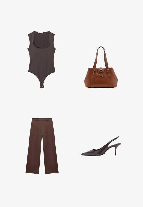Smeđi bodi bez rukava s kvadratnim izrezom, izrađen od mekog materijala. Ima kopču na dnu i prilagođeni siluetu.; Smeđe široke hlače od mekanog materijala, sa ravnim prednjim dijelom, pojasom i nabranim detaljima za dodatnu teksturu.; Sandalice s uskim potpeticama u tamnosmeđoj lakiranoj koži, s uskom visokom potpeticom i prilagodivim remenom oko gležnja s kopčom.; Smeđi kožni ručni torbica s dvostrukim trakama, okruglog oblika, zlatnim hardverom i središnjim detaljem kopče. Glatka tekstura s ušivenim detaljima.