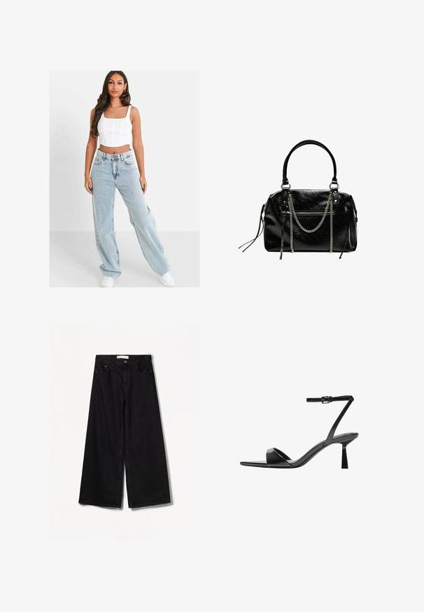 Lysblå vidde jeans med høj talje, der har en knaplukning og fem lommer, parret med en hvid cropped top.; Bershka WIDE-LEG - Wide leg - black; Bershka Højhælede sandaletter / Højhælede sandaler - black; Bershka WITH CHAIN - Håndtasker - black