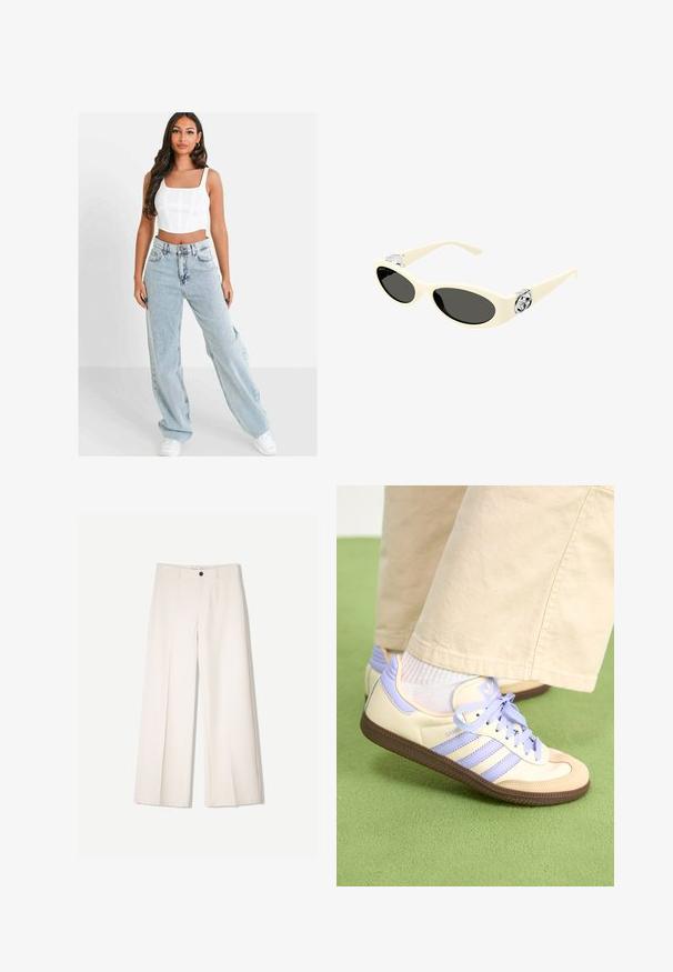 Jasnoniebieskie spodnie o szerokich nogawkach i wysokim stanie, z zapięciem na guzik i pięcioma kieszeniami, zestawione z białym krótkim topem.; Kremowe spodnie szerokie z dopasowanym krojem, z dwoma przednimi kieszeniami i pojedynczym zapięciem na guzik z przodu, wykonane z gładkiego materiału.; Kremowe i lawendowe trampki z trzema paskami oraz teksturowaną brązową podeszwą, wyposażone w sznurówki i wyścieloną piętę. Górna część z miękkiego materiału.; Okulary przeciwsłoneczne w kolorze kremowym z owalnymi soczewkami, czarnym przyciemnieniem i metalowymi logo na zausznikach. Gładka faktura, design w stylu kociego oka.; Biała syntetyczna torba o trójkątnym kształcie, płaskim przednim klapce i detalach w postaci kokardy, regulowanym pasku, gładkiej fakturze oraz minimalistycznym designie.