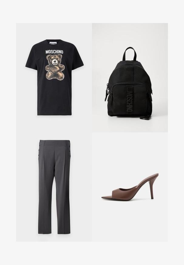Camiseta de algodón negra con un gráfico de oso de peluche en marrón y blanco, con el texto "MOSCHINO" sobre el oso. Manga corta y corte relajado.; Camisa blanca de botones con mangas largas, que presenta una textura fruncida en la parte delantera, pequeños botones dorados y un cuello estándar.; Pantalones gris ajustados con diseño de pierna recta, pliegues frontales y botones decorativos en los laterales para un detalle adicional. Textura de tela suave.; Mules de tacón alto destalonados de cuero marrón con un diseño elegante, que cuentan con una amplia banda frontal y un tacón de aguja esbelto.; Mochila negra Moschino con bolsillo delantero con cremallera, asa superior y detalle de logo en el panel del bolsillo frontal.