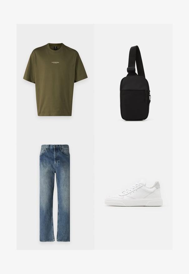 Olive green cotton t-shirt with a round neckline, short sleeves, and white printed logo "G-STAR RAW" on the front. Smooth texture.; Blue denim jeans with a straight-leg cut, featuring a faded wash, belt loops, front pockets, and a single back pocket.; White leather sneakers with a smooth finish, rounded toe, flat laces, and a textured sole. Grey suede accent at the heel.; Black crossbody bag made of durable fabric, featuring a single adjustable strap, a zippered main compartment, and a front pocket.