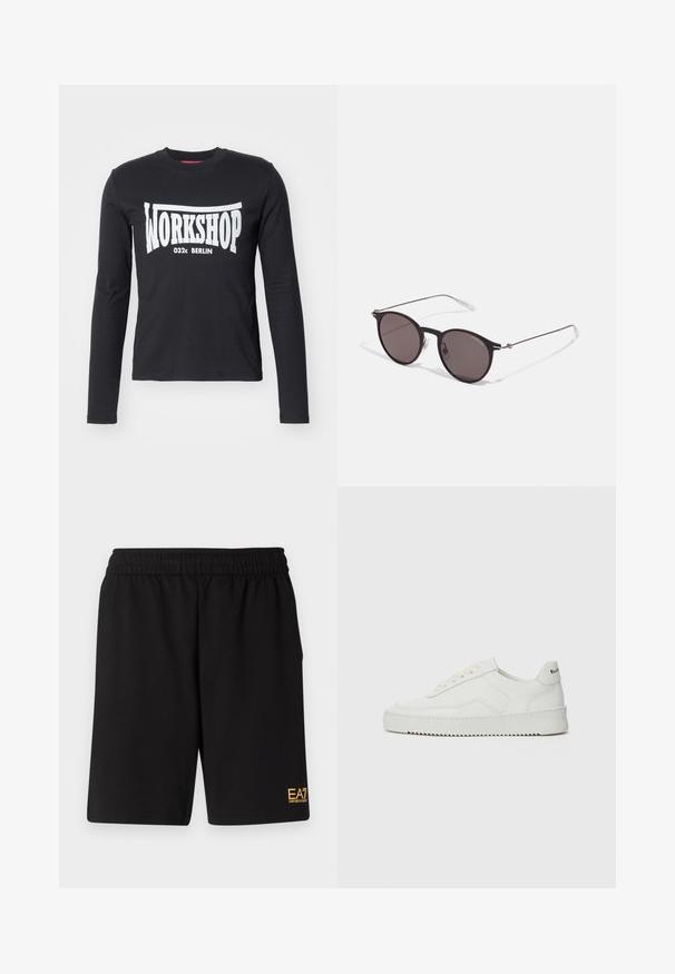 Černé tričko s dlouhým rukávem vyrobené z bavlny, na přední straně s velkým bílým potiskem "WORKSHOP 032c BERLIN". Hladká textura, kulatý výstřih.; Černé sportovní šortky vyrobené z měkké látky, s elastickým pasem a malým žlutým logem EA7 na dolní části levé nohy.; Bílé kožené tenisky s hladkým povrchem, kulatou špičkou, plochými tkaničkami a texturovanou podrážkou. Na patě se nachází nenápadné logo.; Černé kulaté sluneční brýle s tmavými skly a tenkými kovovými nohami. Obsahují průhledné koncovky nožiček a stříbrné akcenty na pantu. Minimalistický design.