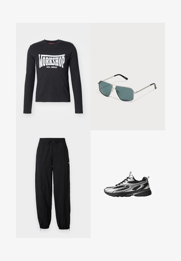 Fekete, hosszú ujjú pamut póló, nagy fehér "WORKSHOP 032c BERLIN" grafikával az elején. Simaság jellemzi, kerek nyakkivágású.; Fekete, könnyű atlétikai nadrág elasztikus derékkal, állítható húzózsinórral és szűkített bokákkal. Diszkrét logó részlet található rajta.; Futócipő fémes ezüst és fekete dizájnnal, hálós panelek, vastag fekete talp, valamint fűzős záródás húzószalagokkal a nyelvén és a sarkán.; Fémkeretes napszemüveg hatszögletű lencsékkel, sötétzöld színű árnyalatban, ezüst díszítéssel és fekete szárakkal. A kereten texturált részletek találhatók.