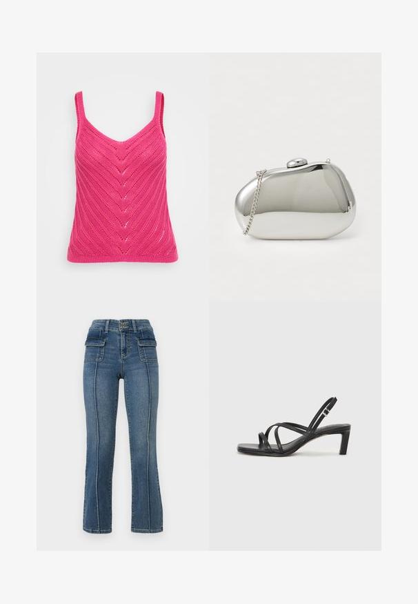 Fuksia strikket tanktop med V-hals og chevronmønster, med smale skulderstropper og en teksturert overflate.; ONLY Petite ONLWAUW MID WAIST FLARED - Flared jeans - medium blue denim; Sorte sandaler med stropper, firkantet tå og lav blokk hæl. Har flere tynne stropper og en justerbar ankelstropp. Laget av glatt lær.; Sølv metall clutch med en avrundet, glatt form. Har en clasp-lukking og en avtagbar kjedehåndtak. Reflekterende overflate uten mønstre.; Zign Armbånd - silver-coloured