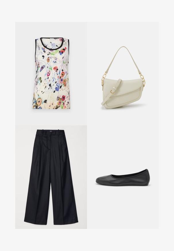 Floral print sleeveless top in cream, featuring vibrant colors, black trim, and a soft texture. Design includes assorted flower and abstract motifs.; Black wide-leg trousers made of smooth fabric, featuring a high waist, pleats, and a tailored design. Simple black hardware at the waist.; Black leather ballet flat with a rounded toe, smooth texture, minimal stitching detail, and a flexible sole design.; Small cream handbag with a textured finish, a long adjustable strap, a chain accent, and a flap closure. Gold hardware detailing.