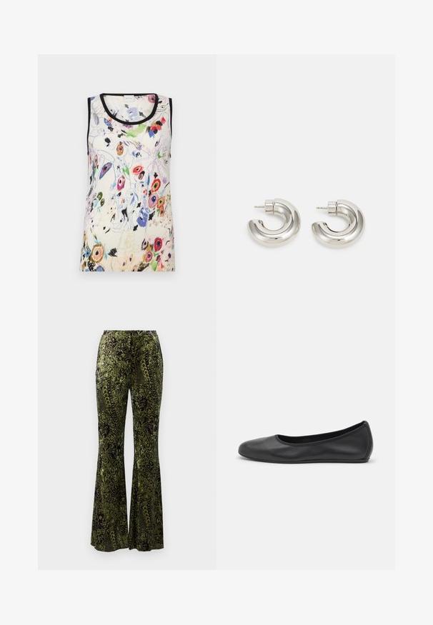 Top senza maniche in crema con stampa floreale, caratterizzato da colori vivaci, rifiniture nere e una texture morbida. Il design include motivi di fiori assortiti e astratti.; Diane von Furstenberg RUTHETTE PANTS - Pantaloni - green; Pantofole da balletto nere in pelle con punta arrotondata, texture liscia, dettagli di cucitura minimi e design con suola flessibile.; Orecchini a cerchio in tono argento con un design curvo e liscio, dotati di una superficie testurizzata e di un perno a vite per la chiusura.
