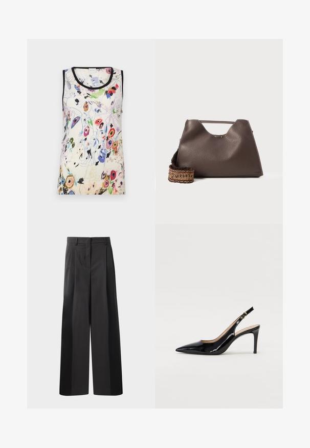 Krema majica bez rukava s cvjetnim uzorkom, koja sadrži živopisne boje, crne detalje i mekanu teksturu. Dizajn uključuje raznolike cvjetne i apstraktne motive.; Črne široke hlače z visokim pasom, z oblikovanimi pregibi spredaj, gladko teksturo in natančno dodelavo. Oblikovane za sproščen fit.; Črne lakirane slingback čevlje z izostrenim nosom, ozkim peto in subtilnim izrezom. Na traku je zlata sponka.; Rjava usnjena torba z teksturirano površino, angularno obliko in značilno zgornjo ročico. Vsebuje detajl z vzorčnim tkanim trakom.