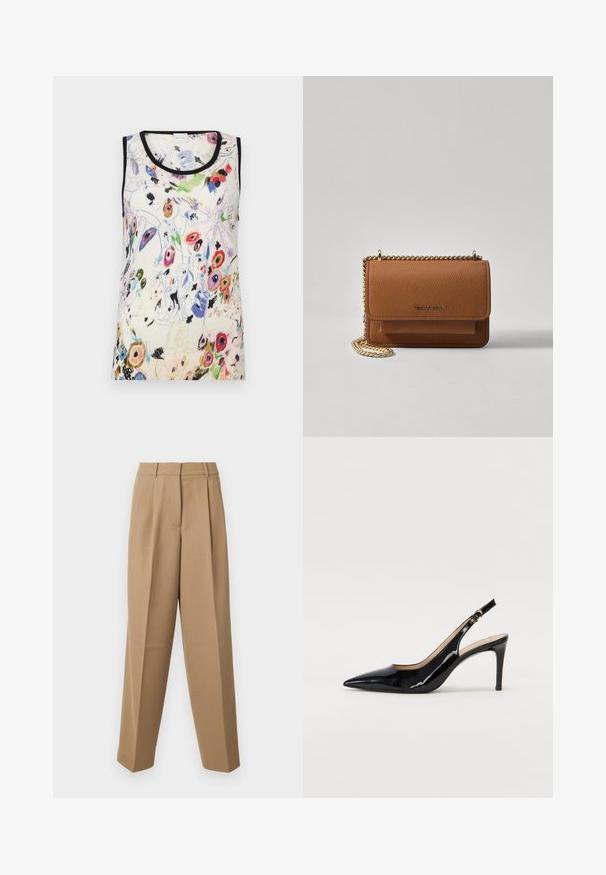 Top senza maniche in crema con stampa floreale, caratterizzato da colori vivaci, rifiniture nere e una texture morbida. Il design include motivi di fiori assortiti e astratti.; Pantaloni beige su misura con vita alta, fronte plissettato e taglio a gamba larga. Il tessuto appare morbido con una leggera lucentezza.; Pumps slingback in pelle verniciata nera con punta affilata, tacco sottile e un design con ritagli delicati. Caratterizzate da una fibbia dorata sul cinturino.; Borsa a tracolla in pelle marrone con texture, dotata di catena dorata e chiusura a pattina. Sul davanti presenta un dettaglio con logo e una tasca sotto la pattina.