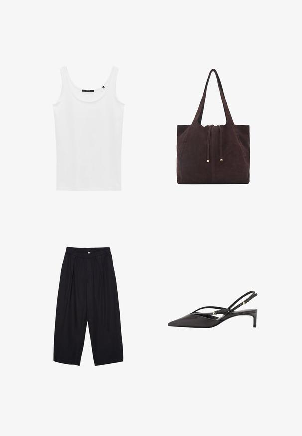 Weißes Tanktop aus glattem Stoff, mit rundem Ausschnitt und breiten Trägern. Einfaches Design ohne sichtbare Muster oder Akzente.; Schwarze Polyester-Culotte mit einem elastischen Bund, zwei vorderen Falten und einer lockeren Silhouette. Keine sichtbaren Muster oder Hardware-Details.; Schwarze Leder Slingback-Pumpe mit spitzem Zeh, schmalen Knöchelriemen und niedrigem Stiletto-Absatz. Glatte Textur mit minimalistischem Design.; Mango Shopping Bag - dark brown