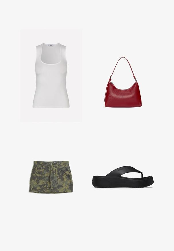 Envii MARTA TEE - Top - white; Gonna di jeans verde mimetico con vita aderente, quattro tasche e chiusura con bottone. Il motivo include disegni di foglie verdi scure e chiare.; Infradito neri con suola rialzata, realizzati in materiale gommoso. Presentano una fascia in stile thong e una suoletta texturizzata per una migliore presa.; Borsa a spalla in pelle rossa con un design curvo, texture liscia e chiusura con zip. Presenta un manico sottile per il trasporto.