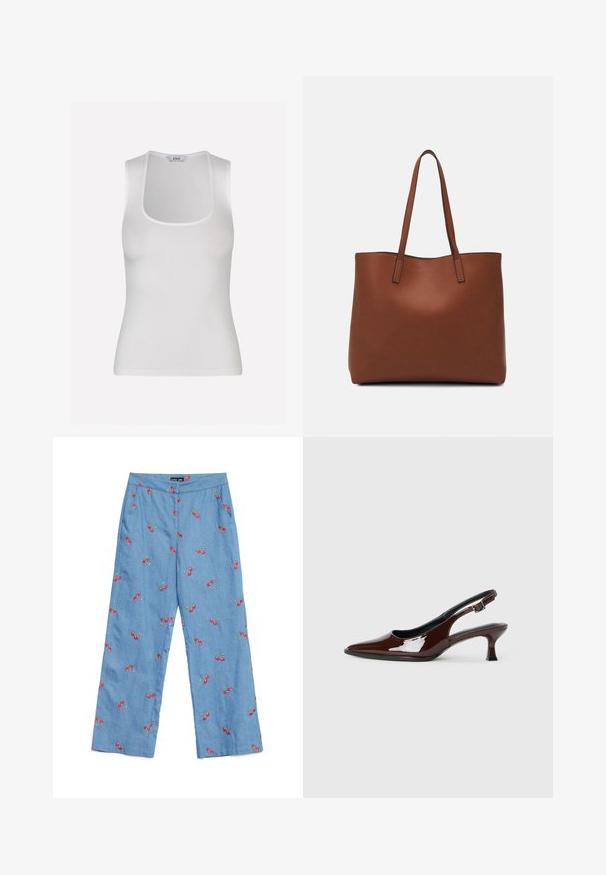 Envii MARTA TEE - Top - white; Světle modré džíny s výšivkou červených třešní po celém povrchu, široké nohavice, plochý pas a kapsy.; Hnědé lakované kožené slingback boty s špičatou špičkou a mírným podpatkem. Disponují přezkou pro bezpečné upevnění. Hladký povrch.; Hnědá kožená taška přes rameno s hladkou texturou, otevřeným designem a dvěma ramenními popruhy. Obsahuje minimální švy a žádné viditelné kovové prvky.